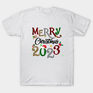 Merry Christmas 2023 Leopard Buffalo Plaid Red Green Xmas T-Shirt